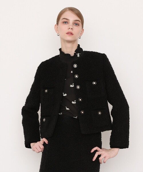 LOULOU WILLOUGHBY(ルルウィルビー)の「アルパカループツイードクルージャケット(ノーカラージャケット・レディース・ブラック/オフホワイト・1/2)」の2枚目の写真