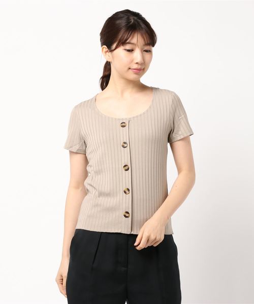 VENCEEXCHANGE（ヴァンスエクスチェンジ）の「ワイドリブ前ボタン半袖プルオーバー（Tシャツ/カットソー・レディース・オフホワイト/ブラック/ベージュ系その他/レンガ/モカ/ダークグリーン/ベージュ・M）」の5枚目の写真