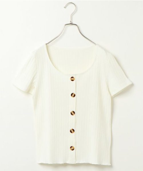 VENCEEXCHANGE（ヴァンスエクスチェンジ）の「ワイドリブ前ボタン半袖プルオーバー（Tシャツ/カットソー・レディース・オフホワイト/ブラック/ベージュ系その他/レンガ/モカ/ダークグリーン/ベージュ・M）」の2枚目の写真