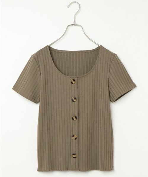 VENCEEXCHANGE（ヴァンスエクスチェンジ）の「ワイドリブ前ボタン半袖プルオーバー（Tシャツ/カットソー・レディース・オフホワイト/ブラック/ベージュ系その他/レンガ/モカ/ダークグリーン/ベージュ・M）」の4枚目の写真