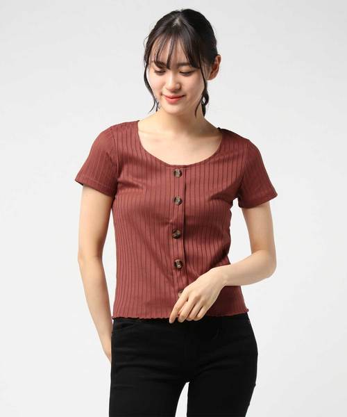 VENCEEXCHANGE（ヴァンスエクスチェンジ）の「ワイドリブ前ボタン半袖プルオーバー（Tシャツ/カットソー・レディース・オフホワイト/ブラック/ベージュ系その他/レンガ/モカ/ダークグリーン/ベージュ・M）」の14枚目の写真