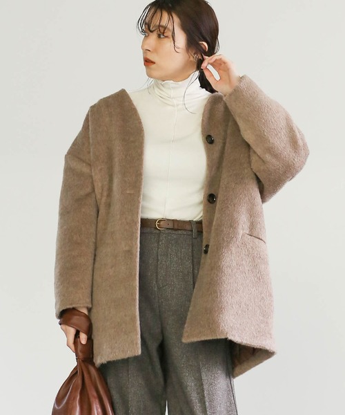 select MOCA（セレクトモカ）の「中綿キルティングビスコースノーカラーコート/ルーズシルエットドロップショルダーアウター（ノーカラーコート・レディース・ベージュ/ブラウン/テラコッタ・FREE）」の2枚目の写真