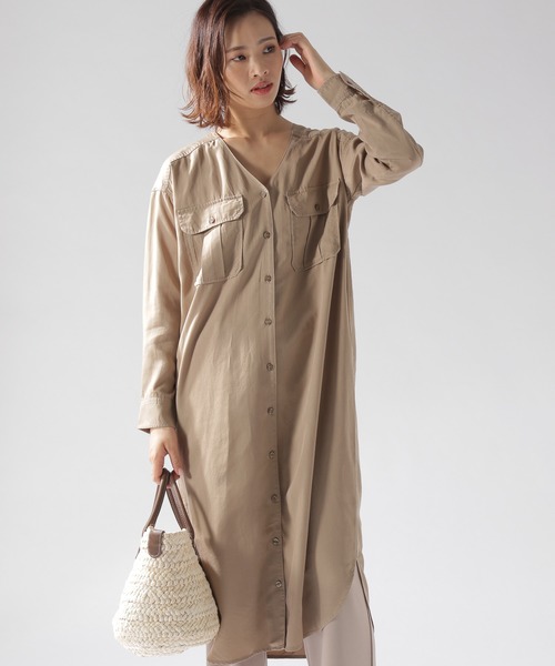 BAYFLOW（ベイフロー）の「ミリタリーローンワンピース（シャツワンピース・レディース・ライトブルー/ベージュ/マスタード・SMALL/MEDIUM）」の6枚目の写真