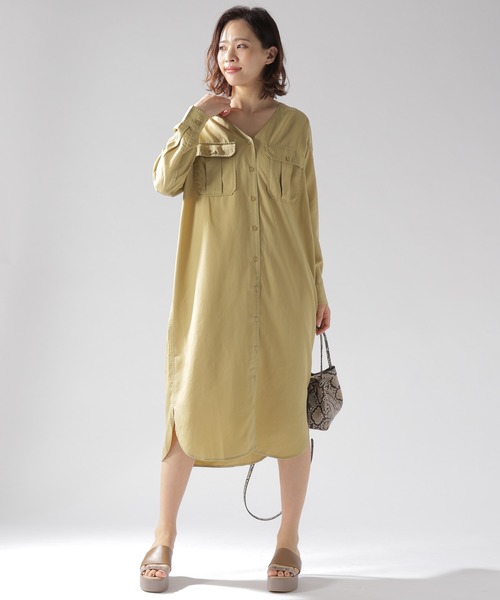 BAYFLOW（ベイフロー）の「ミリタリーローンワンピース（シャツワンピース・レディース・ライトブルー/ベージュ/マスタード・SMALL/MEDIUM）」の14枚目の写真