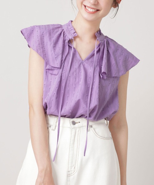 ラッフルカラードビーブラウスノースリーブ