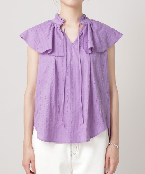 ラッフルカラードビーブラウスノースリーブ