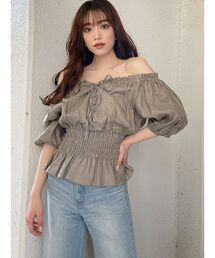 ウエストギャザー2WAYレースアップブラウス