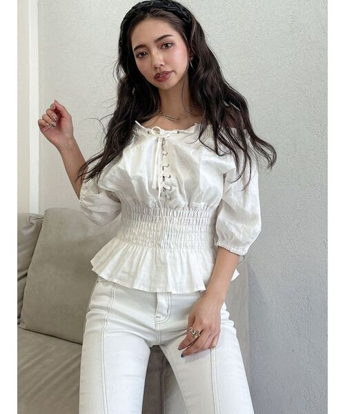 GYDA（ジェイダ）の「ウエストギャザー2WAYレースアップブラウス（シャツ/ブラウス・レディース・ミント/ベージュ/チャコールグレー/オフホワイト・FREE）」の8枚目の写真