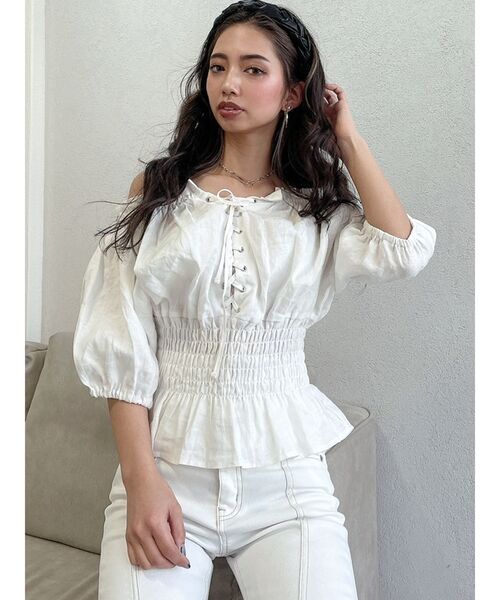 GYDA（ジェイダ）の「ウエストギャザー2WAYレースアップブラウス（シャツ/ブラウス・レディース・ミント/ベージュ/チャコールグレー/オフホワイト・FREE）」の9枚目の写真