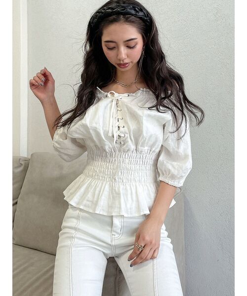 GYDA（ジェイダ）の「ウエストギャザー2WAYレースアップブラウス（シャツ/ブラウス・レディース・ミント/ベージュ/チャコールグレー/オフホワイト・FREE）」の10枚目の写真