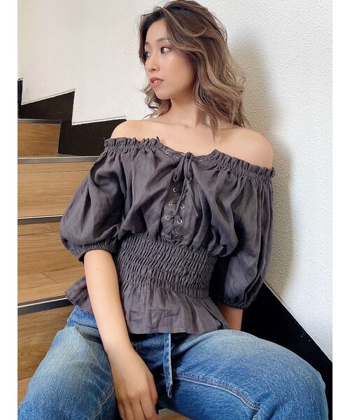 GYDA（ジェイダ）の「ウエストギャザー2WAYレースアップブラウス（シャツ/ブラウス・レディース・ミント/ベージュ/チャコールグレー/オフホワイト・FREE）」の20枚目の写真