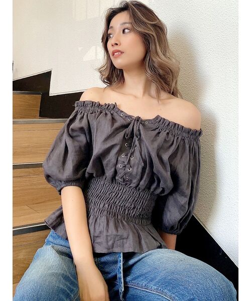 GYDA（ジェイダ）の「ウエストギャザー2WAYレースアップブラウス（シャツ/ブラウス・レディース・ミント/ベージュ/チャコールグレー/オフホワイト・FREE）」の22枚目の写真