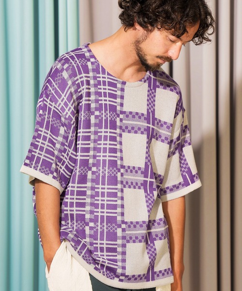 ANGENEHM（アンゲネーム）の「mn2716- フリップチェックサマーニットプルオーバー (MADE IN JAPAN) ニット（Tシャツ/カットソー・メンズ・ベージュ/パープル・S/M/L）」の3枚目の写真