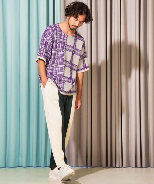 ANGENEHM（アンゲネーム）の「mn2716- フリップチェックサマーニットプルオーバー (MADE IN JAPAN) ニット（Tシャツ/カットソー・メンズ・ベージュ/パープル・S/M/L）」の5枚目の写真