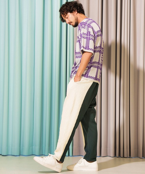 ANGENEHM（アンゲネーム）の「mn2716- フリップチェックサマーニットプルオーバー (MADE IN JAPAN) ニット（Tシャツ/カットソー・メンズ・ベージュ/パープル・S/M/L）」の6枚目の写真