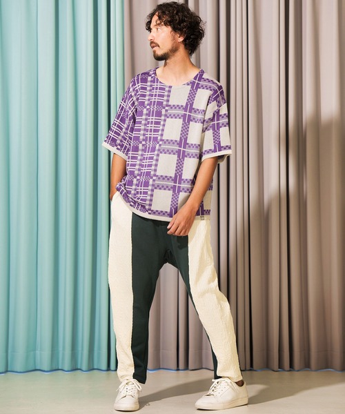 ANGENEHM（アンゲネーム）の「mn2716- フリップチェックサマーニットプルオーバー (MADE IN JAPAN) ニット（Tシャツ/カットソー・メンズ・ベージュ/パープル・S/M/L）」の7枚目の写真