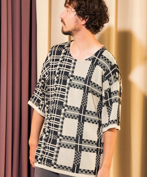 ANGENEHM（アンゲネーム）の「mn2716- フリップチェックサマーニットプルオーバー (MADE IN JAPAN) ニット（Tシャツ/カットソー・メンズ・ベージュ/パープル・S/M/L）」の8枚目の写真