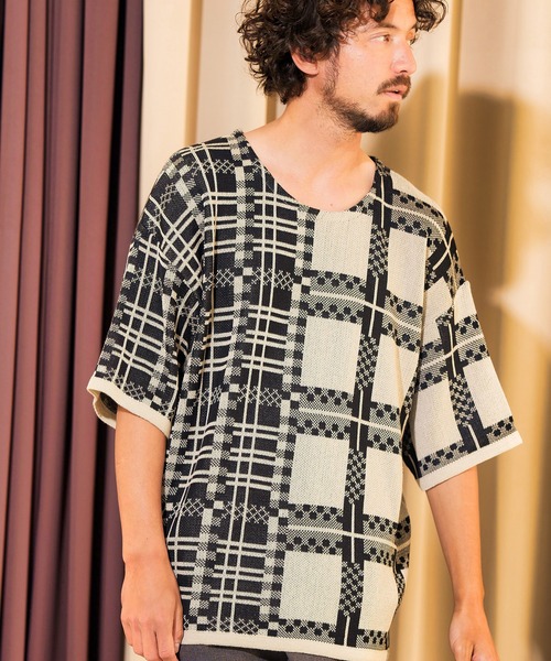 ANGENEHM（アンゲネーム）の「mn2716- フリップチェックサマーニットプルオーバー (MADE IN JAPAN) ニット（Tシャツ/カットソー・メンズ・ベージュ/パープル・S/M/L）」の9枚目の写真