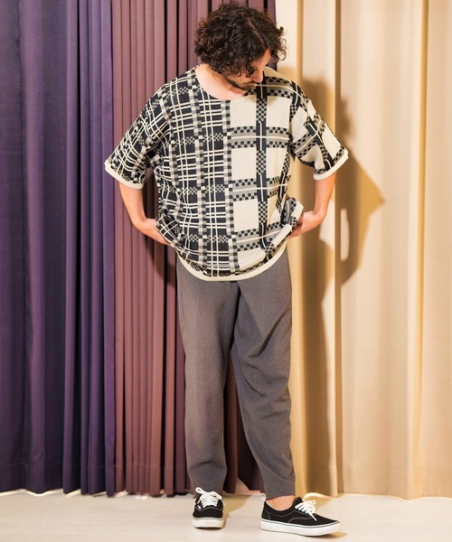 ANGENEHM（アンゲネーム）の「mn2716- フリップチェックサマーニットプルオーバー (MADE IN JAPAN) ニット（Tシャツ/カットソー・メンズ・ベージュ/パープル・S/M/L）」の10枚目の写真