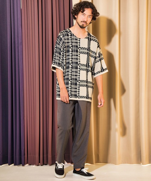 ANGENEHM（アンゲネーム）の「mn2716- フリップチェックサマーニットプルオーバー (MADE IN JAPAN) ニット（Tシャツ/カットソー・メンズ・ベージュ/パープル・S/M/L）」の11枚目の写真