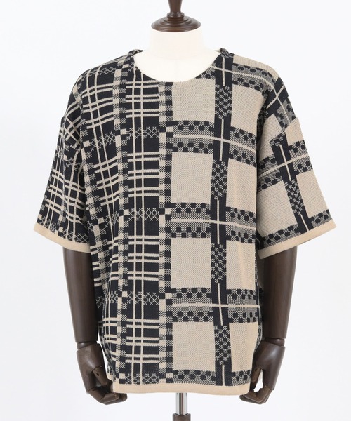 ANGENEHM（アンゲネーム）の「mn2716- フリップチェックサマーニットプルオーバー (MADE IN JAPAN) ニット（Tシャツ/カットソー・メンズ・ベージュ/パープル・S/M/L）」の12枚目の写真