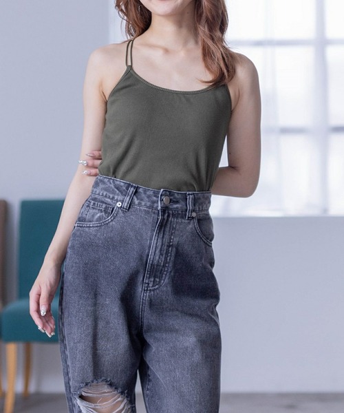 clear（クリア）の「カップ付リブキャミソール [着回し力抜群 大人 カジュアル ダブルストラップ]≪2024AW≫（キャミソール・レディース・ブラウン/カーキ/オフホワイト/ベージュ/サックスブルー/オレンジ/ブラック/グリーン/ピンク/ピンク系その他2/ブルー・F）」の6枚目の写真