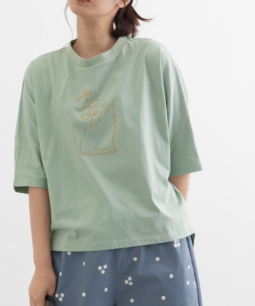 POU DOU DOU(プードゥドゥ)の「花瓶ねこプリントドルマンTee(Tシャツ/カットソー・レディース・オフホワイト/ブラック/サックスブルー・3)」の3枚目の写真