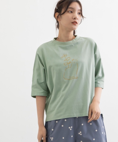 POU DOU DOU(プードゥドゥ)の「花瓶ねこプリントドルマンTee(Tシャツ/カットソー・レディース・オフホワイト/ブラック/サックスブルー・3)」の7枚目の写真