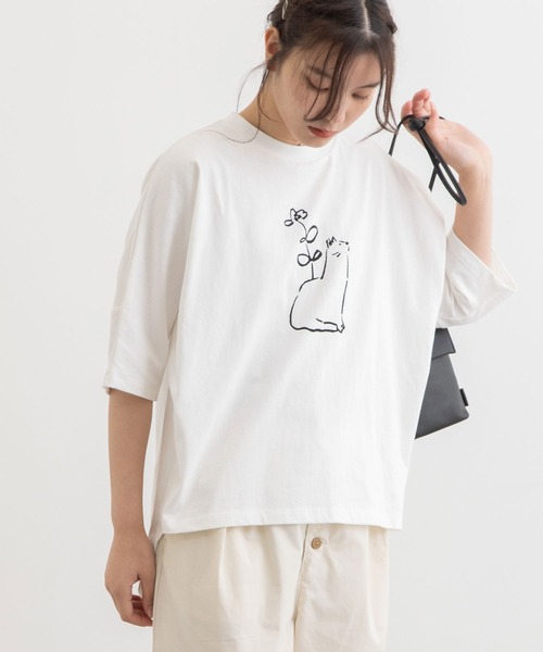 POU DOU DOU(プードゥドゥ)の「花瓶ねこプリントドルマンTee(Tシャツ/カットソー・レディース・オフホワイト/ブラック/サックスブルー・3)」の8枚目の写真