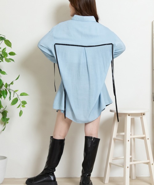 美品 Sov. リボン付き シャツ フリーサイズ セール】オーバーサイズ リボンテープ付きシャツ（シャツ