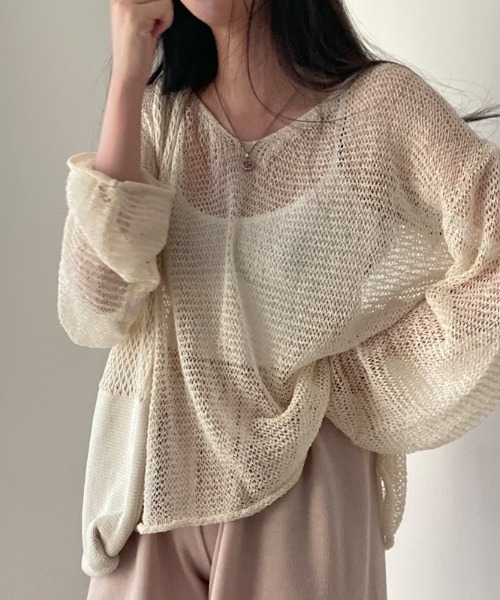 deux amour(ドゥーザムール)の「シースルー透かし編み長袖クルーネックトップス(その他トップス・レディース・グレー/アイボリー/グリーン・FREE)」の7枚目の写真