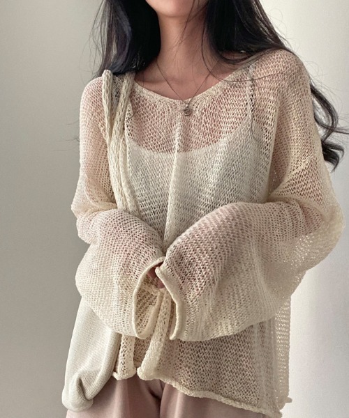 deux amour(ドゥーザムール)の「シースルー透かし編み長袖クルーネックトップス(その他トップス・レディース・グレー/アイボリー/グリーン・FREE)」の6枚目の写真