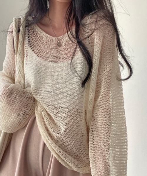 deux amour(ドゥーザムール)の「シースルー透かし編み長袖クルーネックトップス(その他トップス・レディース・グレー/アイボリー/グリーン・FREE)」の8枚目の写真