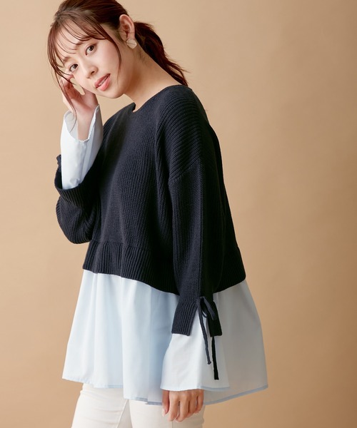 alotta（アロッタ）の「ブラウスドッキングフレアー袖ニット（ニット/セーター・レディース・ネイビー/ライトベージュ/ブラック/グレー・M/LL/L/3L）」の4枚目の写真