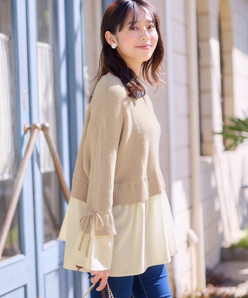 alotta（アロッタ）の「ブラウスドッキングフレアー袖ニット（ニット/セーター・レディース・ネイビー/ライトベージュ/ブラック/グレー・M/LL/L/3L）」の3枚目の写真