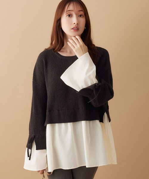 alotta（アロッタ）の「ブラウスドッキングフレアー袖ニット（ニット/セーター・レディース・ネイビー/ライトベージュ/ブラック/グレー・M/LL/L/3L）」の5枚目の写真