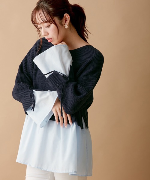 alotta（アロッタ）の「ブラウスドッキングフレアー袖ニット（ニット/セーター・レディース・ネイビー/ライトベージュ/ブラック/グレー・M/LL/L/3L）」の8枚目の写真