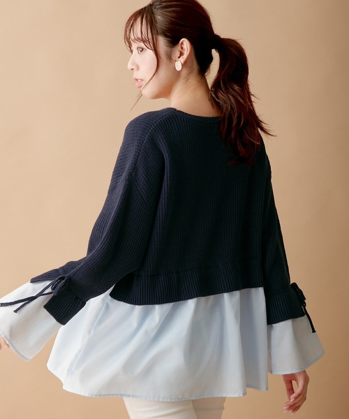 alotta（アロッタ）の「ブラウスドッキングフレアー袖ニット（ニット/セーター・レディース・ネイビー/ライトベージュ/ブラック/グレー・M/LL/L/3L）」の9枚目の写真