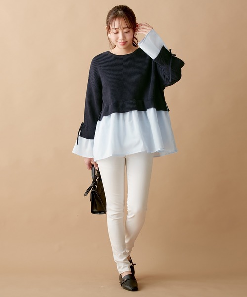 alotta（アロッタ）の「ブラウスドッキングフレアー袖ニット（ニット/セーター・レディース・ネイビー/ライトベージュ/ブラック/グレー・M/LL/L/3L）」の10枚目の写真