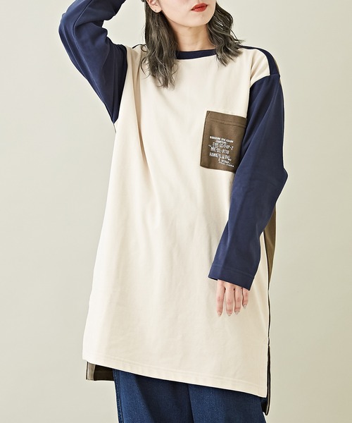 CUBE SUGAR（キューブシュガー）の「微起毛スウェットポケット付バックプリントチュニック（スウェット・レディース・ピンク/カーキ/ナチュラル/ネイビー/マルチ・M）」の5枚目の写真