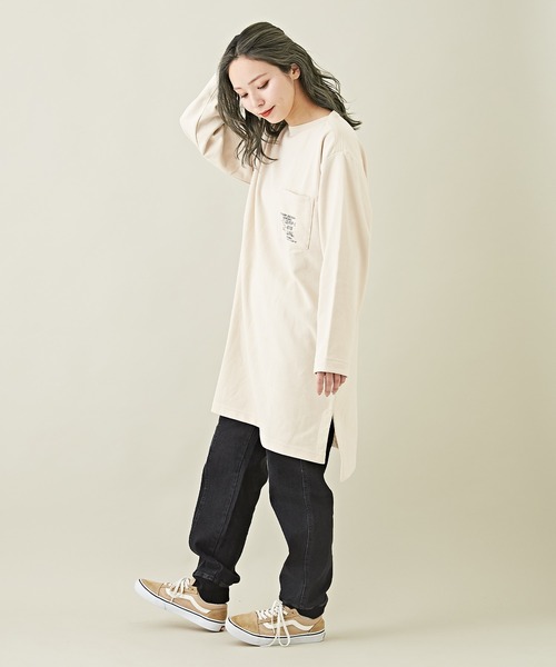 CUBE SUGAR（キューブシュガー）の「微起毛スウェットポケット付バックプリントチュニック（スウェット・レディース・ピンク/カーキ/ナチュラル/ネイビー/マルチ・M）」の7枚目の写真