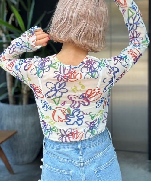 HELLO.SANFRANCISCO(ハローサンフランシスコ)の「【HELLO.SANFRANCISCO/ハローサンフランシスコ】ハンドペイントプリントシアーTEE(Tシャツ/カットソー・レディース・オレンジ/アイボリー/サックスブルー/ブラック/ホワイト/パープル・FREE)」の9枚目の写真