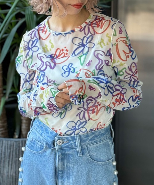 HELLO.SANFRANCISCO(ハローサンフランシスコ)の「【HELLO.SANFRANCISCO/ハローサンフランシスコ】ハンドペイントプリントシアーTEE(Tシャツ/カットソー・レディース・オレンジ/アイボリー/サックスブルー/ブラック/ホワイト/パープル・FREE)」の7枚目の写真