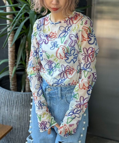 HELLO.SANFRANCISCO(ハローサンフランシスコ)の「【HELLO.SANFRANCISCO/ハローサンフランシスコ】ハンドペイントプリントシアーTEE(Tシャツ/カットソー・レディース・オレンジ/アイボリー/サックスブルー/ブラック/ホワイト/パープル・FREE)」の8枚目の写真