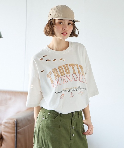PBLIM(ページボーイリム)の「PBLIM/クラッシュダメージT(Tシャツ/カットソー・レディース・オフホワイト/カーキ/イエロー・MEDIUM/LARGE)」の2枚目の写真
