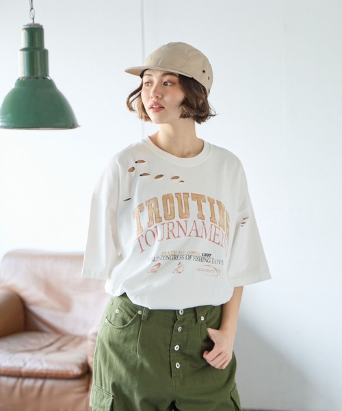 PBLIM(ページボーイリム)の「PBLIM/クラッシュダメージT(Tシャツ/カットソー・レディース・オフホワイト/カーキ/イエロー・MEDIUM/LARGE)」の5枚目の写真