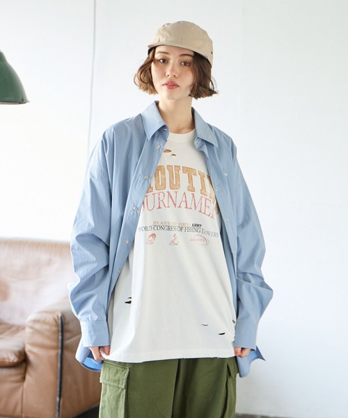 PBLIM(ページボーイリム)の「PBLIM/クラッシュダメージT(Tシャツ/カットソー・レディース・オフホワイト/カーキ/イエロー・MEDIUM/LARGE)」の10枚目の写真