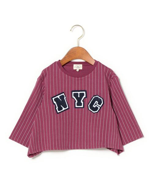 green label relaxing（グリーンレーベルリラクシング）の「ストライプ サガラ プルオーバー 7分袖◆（Tシャツ/カットソー・キッズ・オフホワイト/ワインレッド・105/115/125）」の2枚目の写真