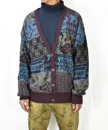 【ヴィンテージ古着】80's Celebrity Club 総柄 ニット カーディガン