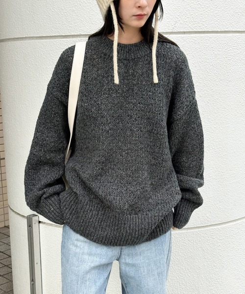 ニット セーター 「洗える」メランジヤーンクルーネックオーバーニット レディース select MOCA ニット セーター 「洗える」メランジヤーンクルー